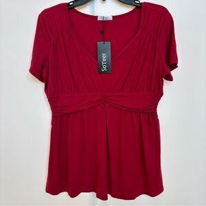 SoTeer Women's Red Short Sleeve Vneck High Waisted Shirt Top, Large
